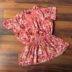 A Love Story Coral Floral Smocked Peplum Blouse Gold Glitter Flutter Sleeve L
